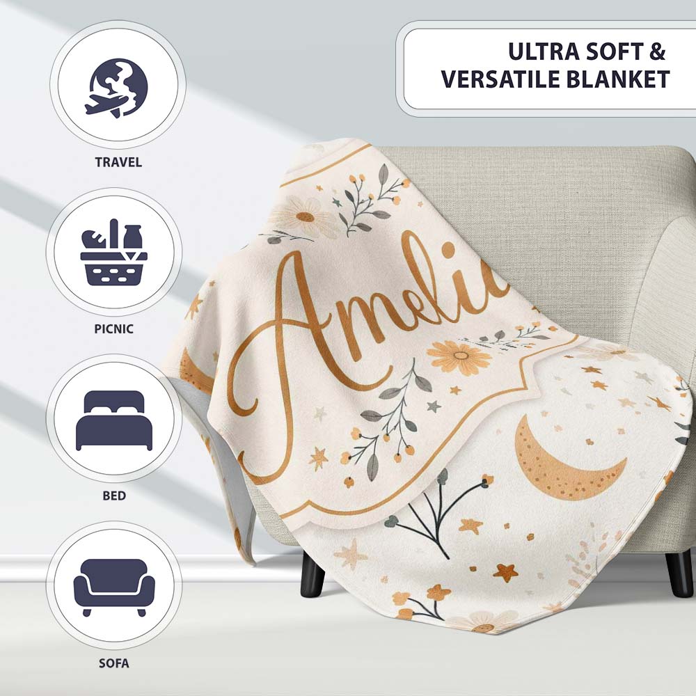 Moon Stars Floral Botanical Seamless Pattern Neutral Background Personalised Custom Name Super Soft Fleece Blanket Bed Sofa Throw