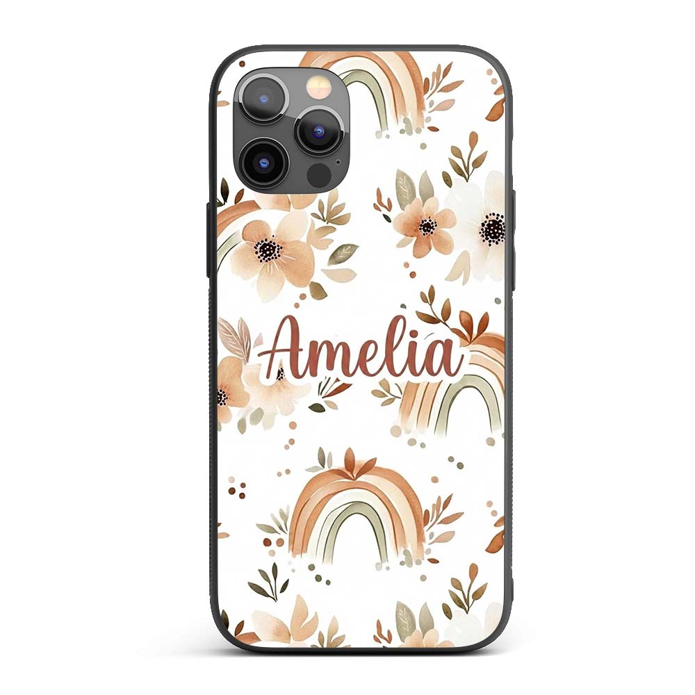 Boho Rainbow Floral Leaves Seamless Pattern Warm Custom Name Protective Phone Case Mobile Cover Durable Everyday Smartphone Shock Resistant