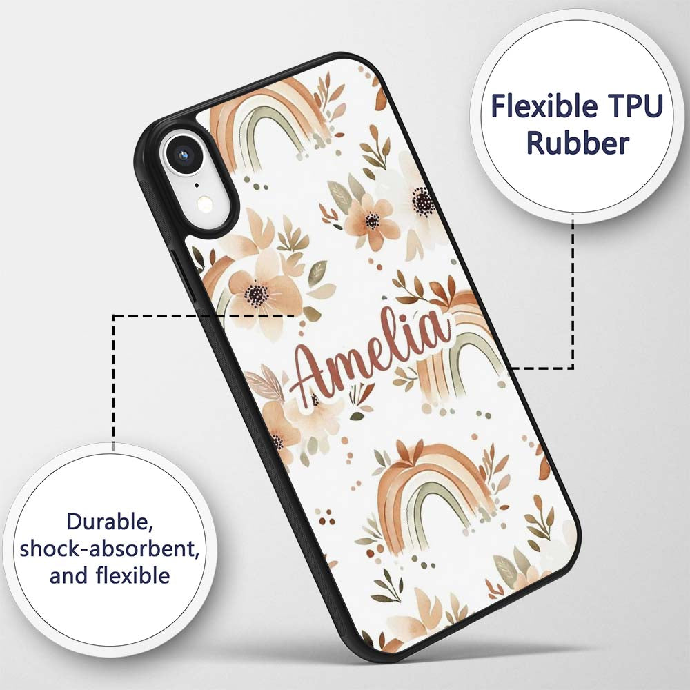 Boho Rainbow Floral Leaves Seamless Pattern Warm Custom Name Protective Phone Case Mobile Cover Durable Everyday Smartphone Shock Resistant