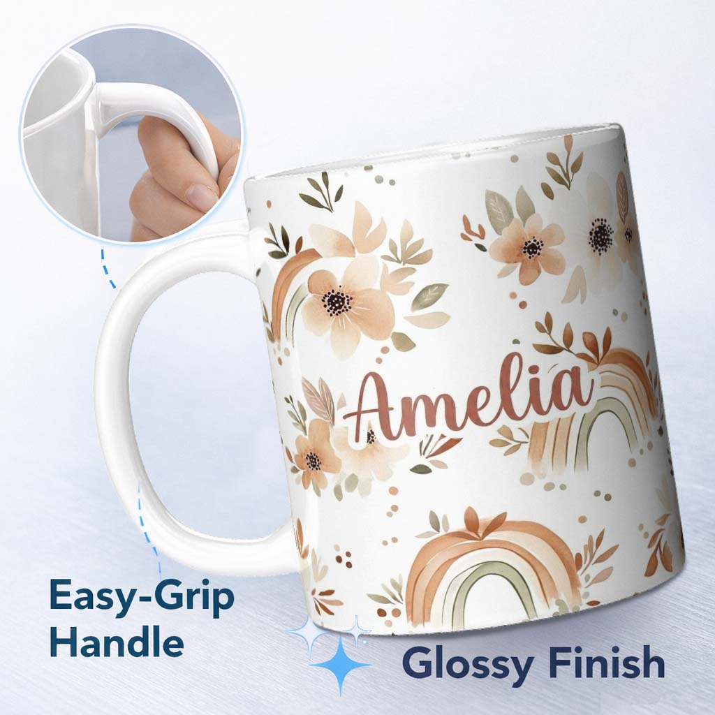 Personalized Custom Name Boho Rainbow Floral Leaves Seamless Pattern Warm Earth Tone 11oz Ceramic Coffee Tea Mug White Large Handle