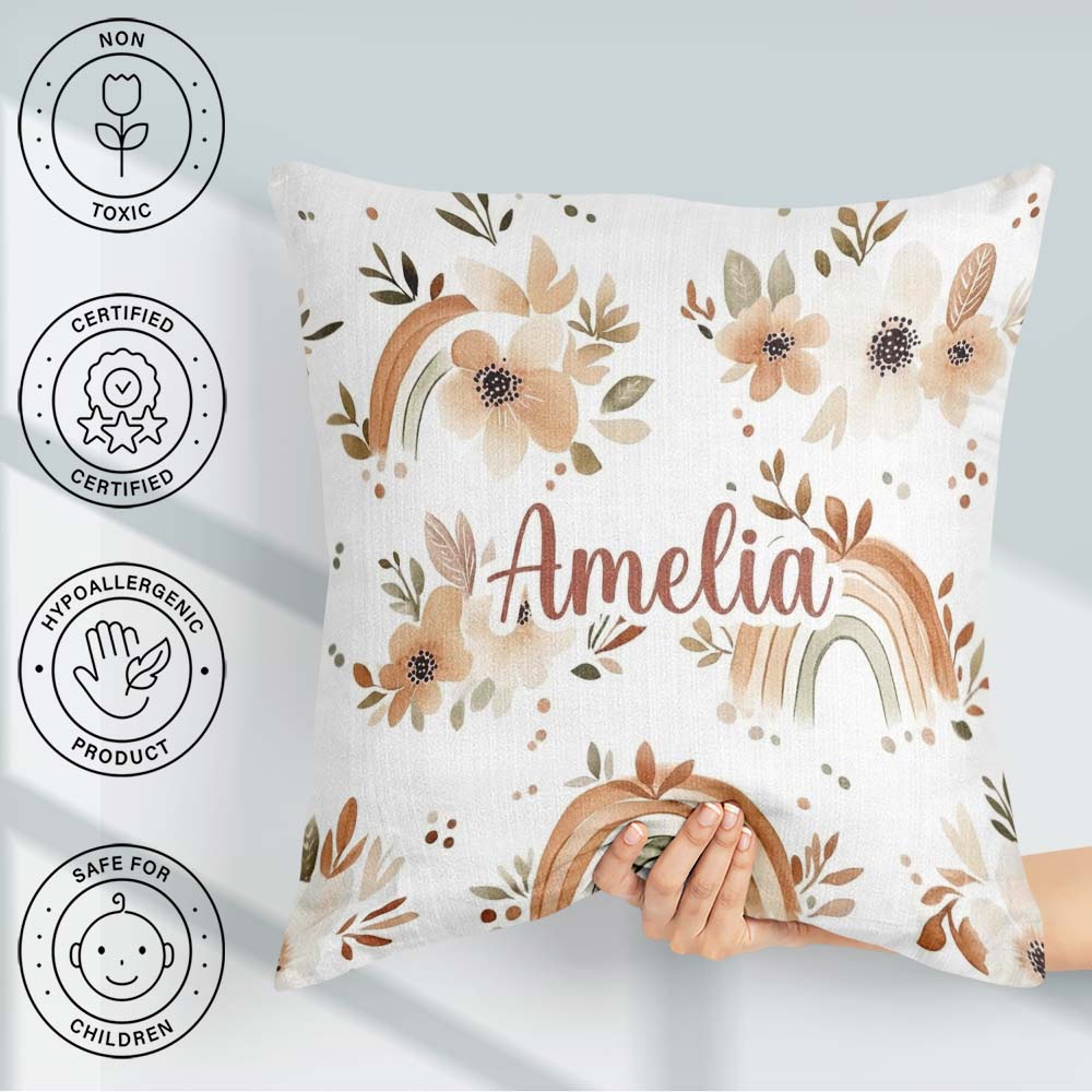 Custom Name Boho Rainbow Floral Seamless Pattern Warm Earth Tone Square Filled Cushion Throw Pillow Sofa Bed Home Decor Zip Washable UK Made