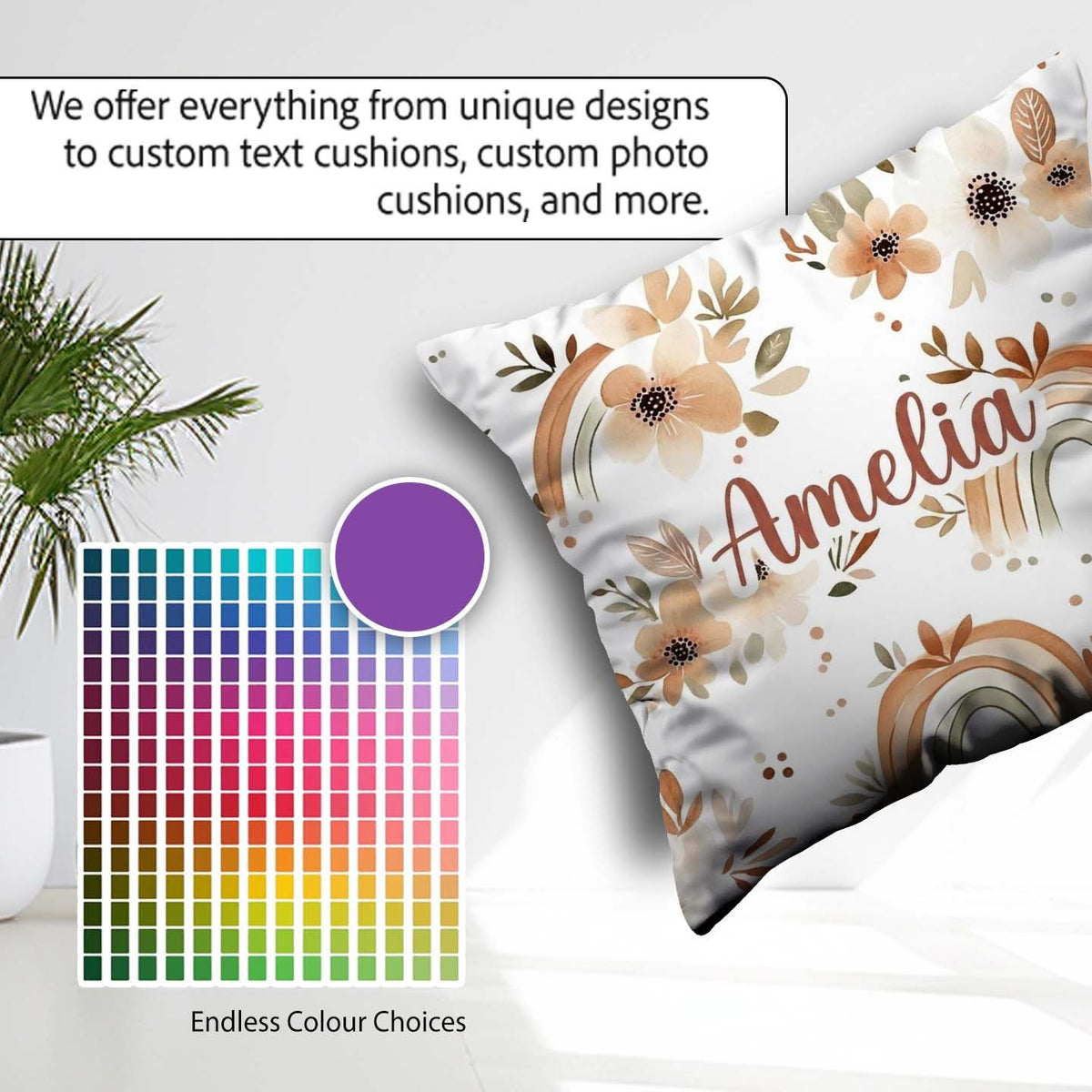 Custom Name Boho Rainbow Floral Seamless Pattern Warm Earth Tone Square Filled Cushion Throw Pillow Sofa Bed Home Decor Zip Washable UK Made