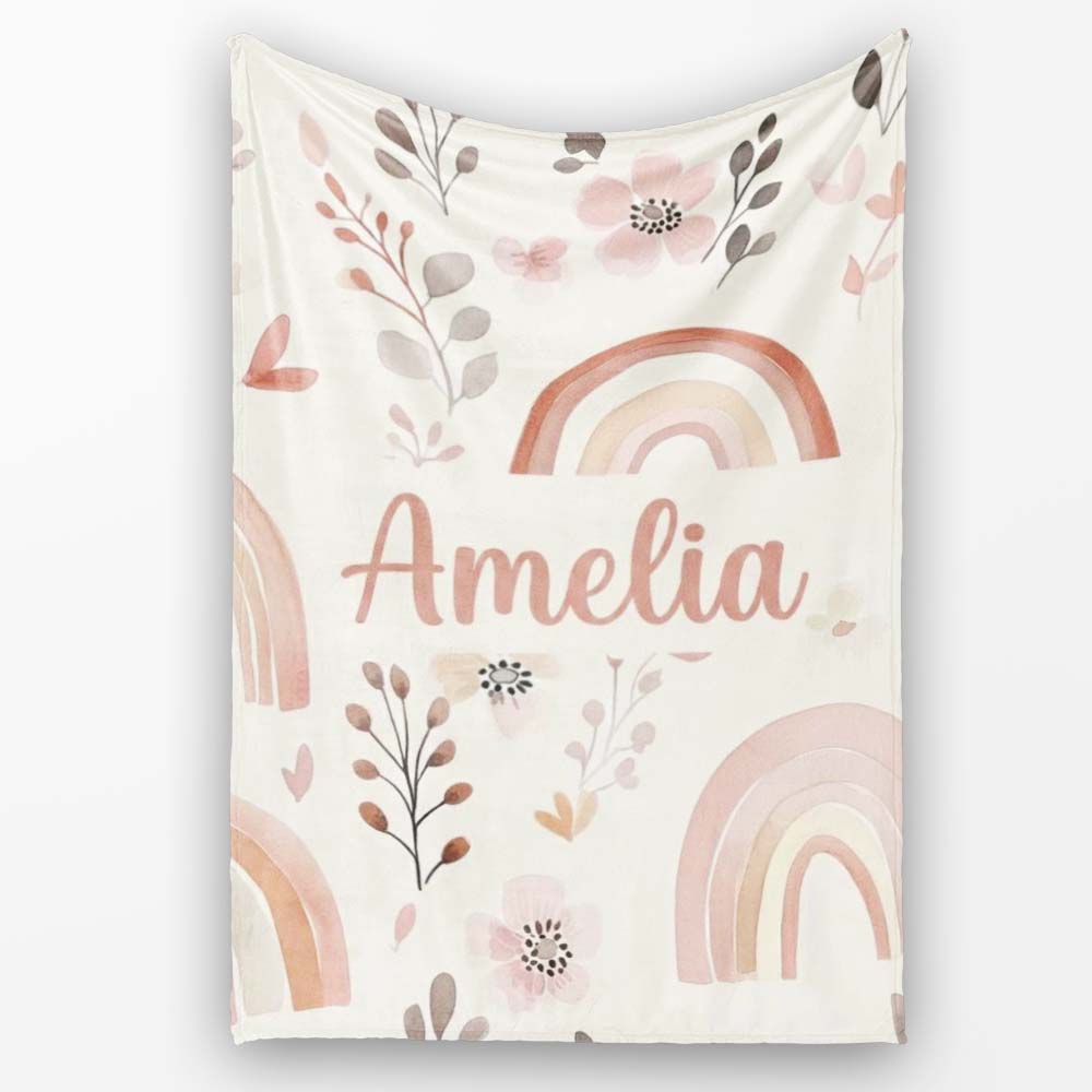 Pastel Rainbow Floral Seamless Pattern Soft Pink Neutral Background Personalised Custom Name Super Soft Fleece Blanket Bed Sofa Throw
