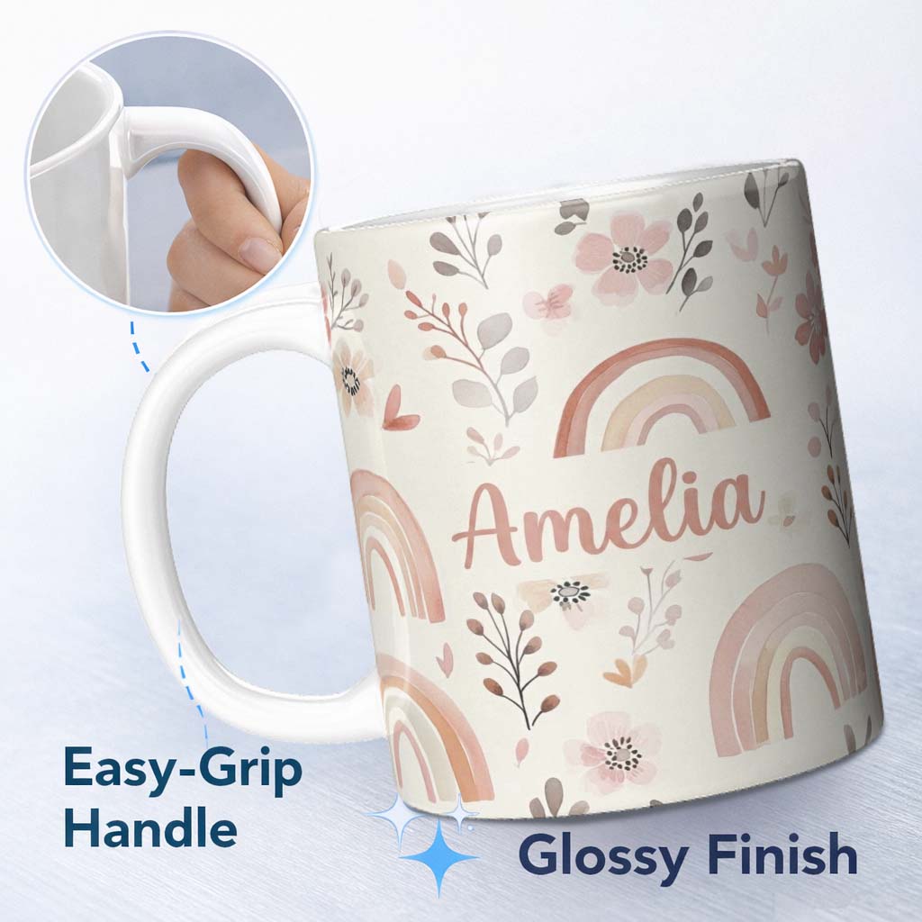 Personalized Custom Name Pastel Rainbow Floral Seamless Pattern Soft Pink Neutral Background 11oz Ceramic Coffee Tea Mug White Large Handle