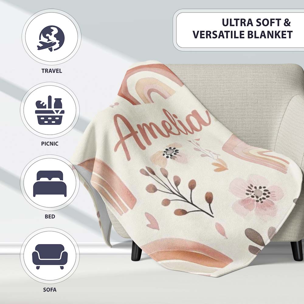 Pastel Rainbow Floral Seamless Pattern Soft Pink Neutral Background Personalised Custom Name Super Soft Fleece Blanket Bed Sofa Throw