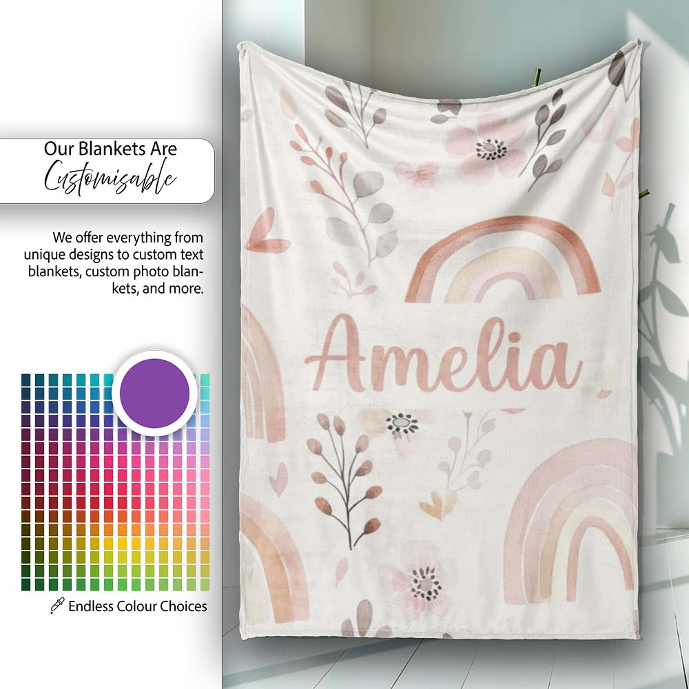 Pastel Rainbow Floral Seamless Pattern Soft Pink Neutral Background Personalised Custom Name Super Soft Fleece Blanket Bed Sofa Throw