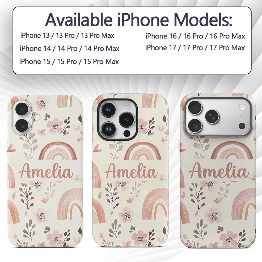 Pastel Rainbow Floral Seamless Pattern Soft Pink Custom Name Protective Phone Case Mobile Cover Durable Everyday Smartphone Shock Resistant