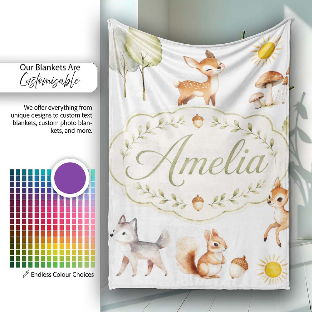 Cute Woodland Forest Animals Bear Bunny Deer Seamless on Blue Lovely Personalised Custom Name Super Soft Fleece Blanket Bed Sofa Throw