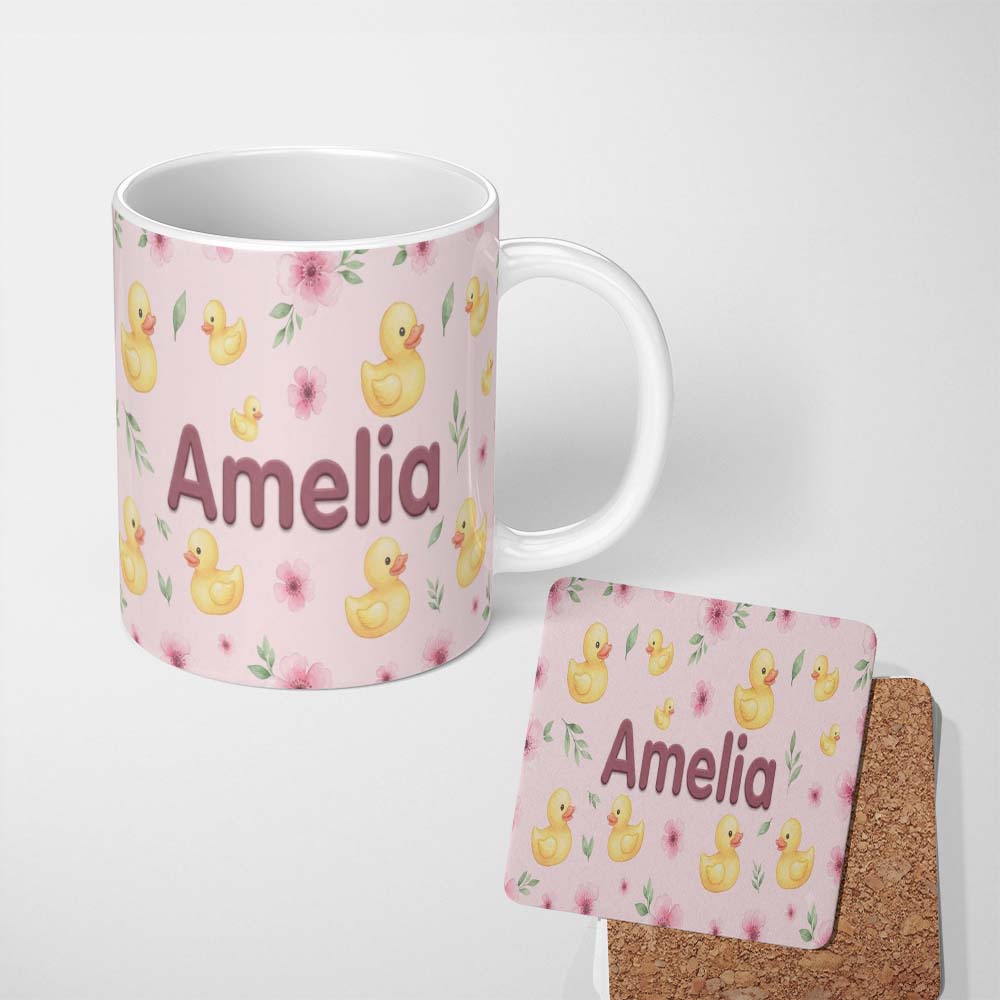 Personalized Custom Name Cute Yellow Duck Floral Seamless Pattern Soft Pink Background 11oz Ceramic Coffee Tea Mug White Large Handle