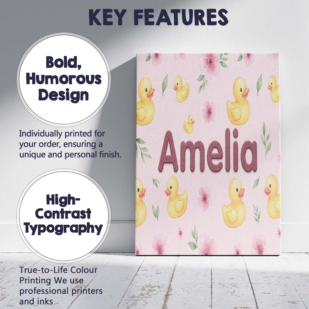 Personalised Name Cute Yellow Duck Floral Custom Unique Gift Idea Elegant Feature Canvas Wall Art Print Decor Picture Ready to Hang