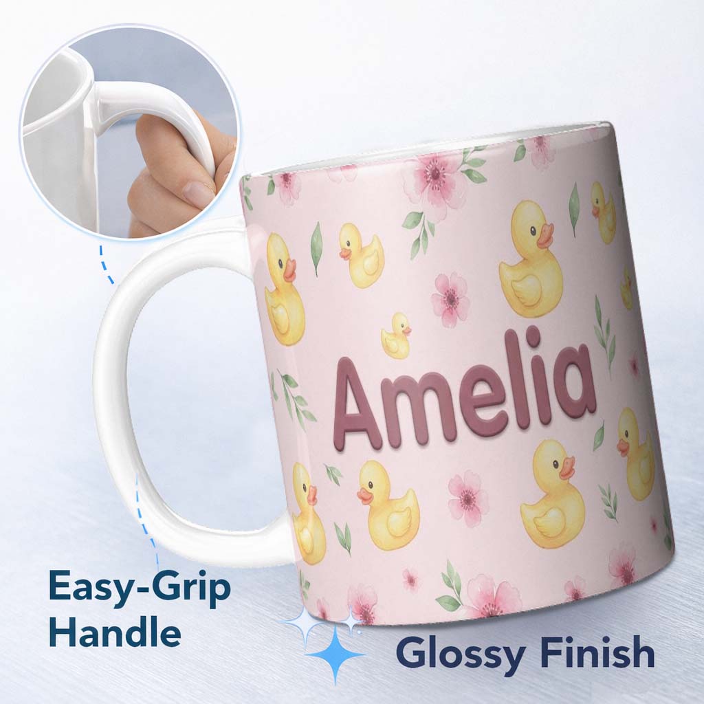 Personalized Custom Name Cute Yellow Duck Floral Seamless Pattern Soft Pink Background 11oz Ceramic Coffee Tea Mug White Large Handle