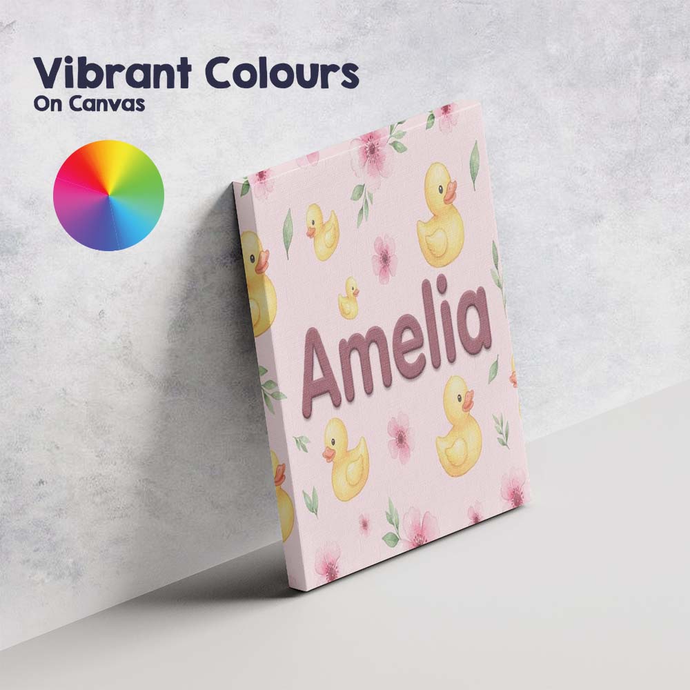Personalised Name Cute Yellow Duck Floral Custom Unique Gift Idea Elegant Feature Canvas Wall Art Print Decor Picture Ready to Hang