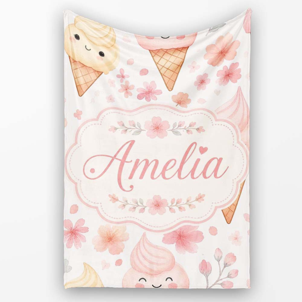 Kawaii Ice Cream Cones Floral Seamless Pattern Soft Pink Background Personalised Custom Name Super Soft Fleece Blanket Bed Sofa Throw
