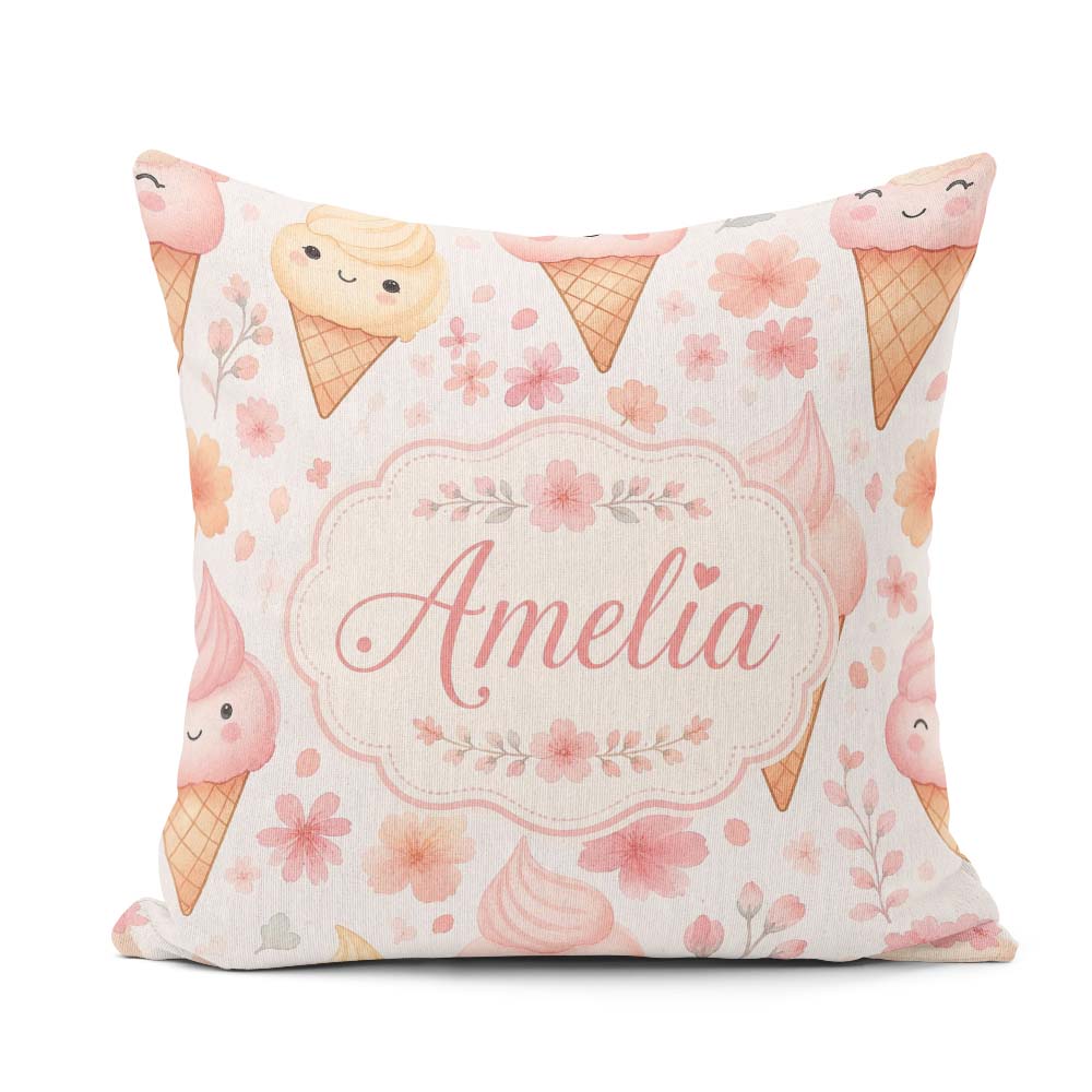Custom Name Kawaii Cream Cones Floral Seamless Pattern Soft Pink Square Filled Cushion Throw Pillow Sofa Bed Home Decor Zip Washable UK Made