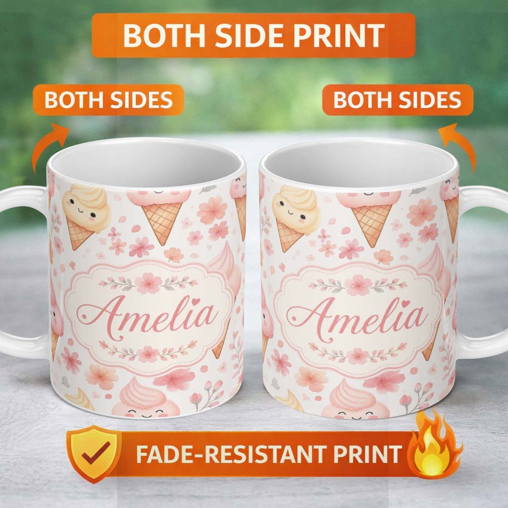 Personalized Custom Name Kawaii Ice Cream Cones Floral Seamless Pattern Soft Pink Background 11oz Ceramic Coffee Tea Mug White Large Handle