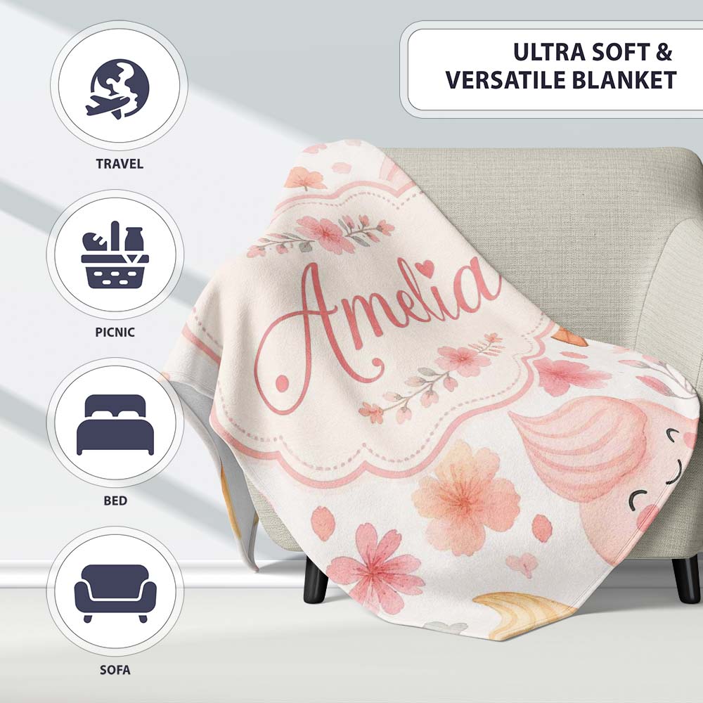 Kawaii Ice Cream Cones Floral Seamless Pattern Soft Pink Background Personalised Custom Name Super Soft Fleece Blanket Bed Sofa Throw