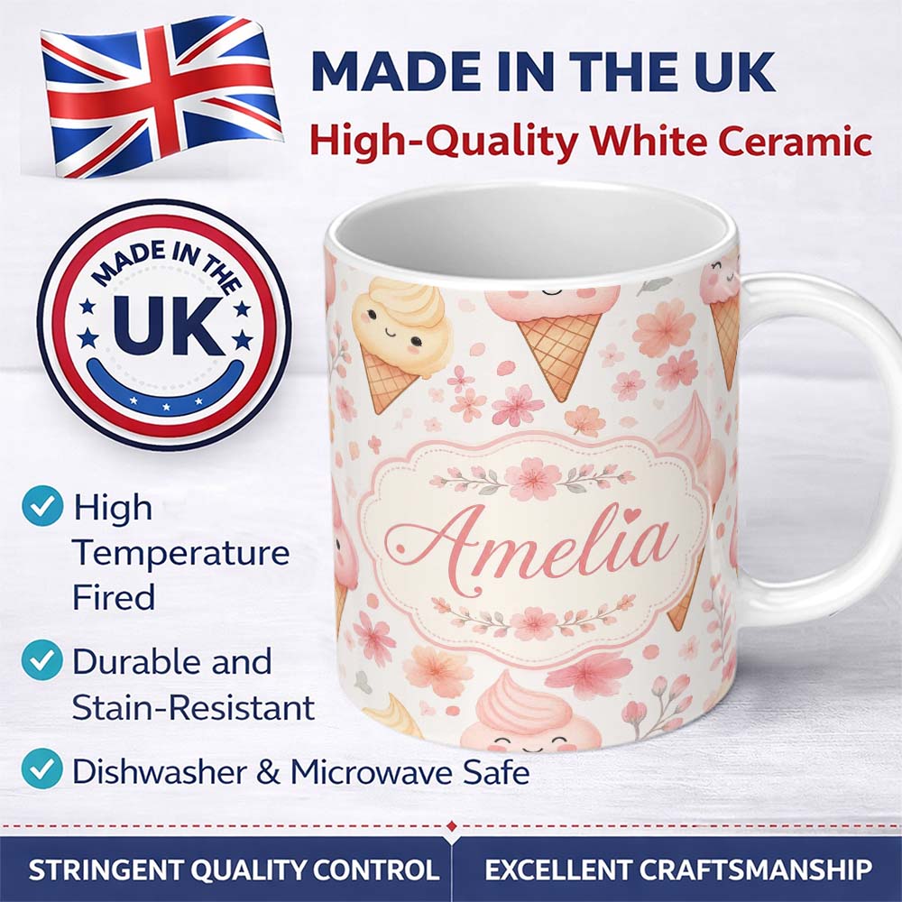 Personalized Custom Name Kawaii Ice Cream Cones Floral Seamless Pattern Soft Pink Background 11oz Ceramic Coffee Tea Mug White Large Handle