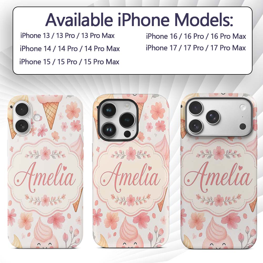 Kawaii Ice Cream Cones Floral Seamless Pattern Custom Name Protective Phone Case Mobile Cover Durable Everyday Smartphone Shock Resistant