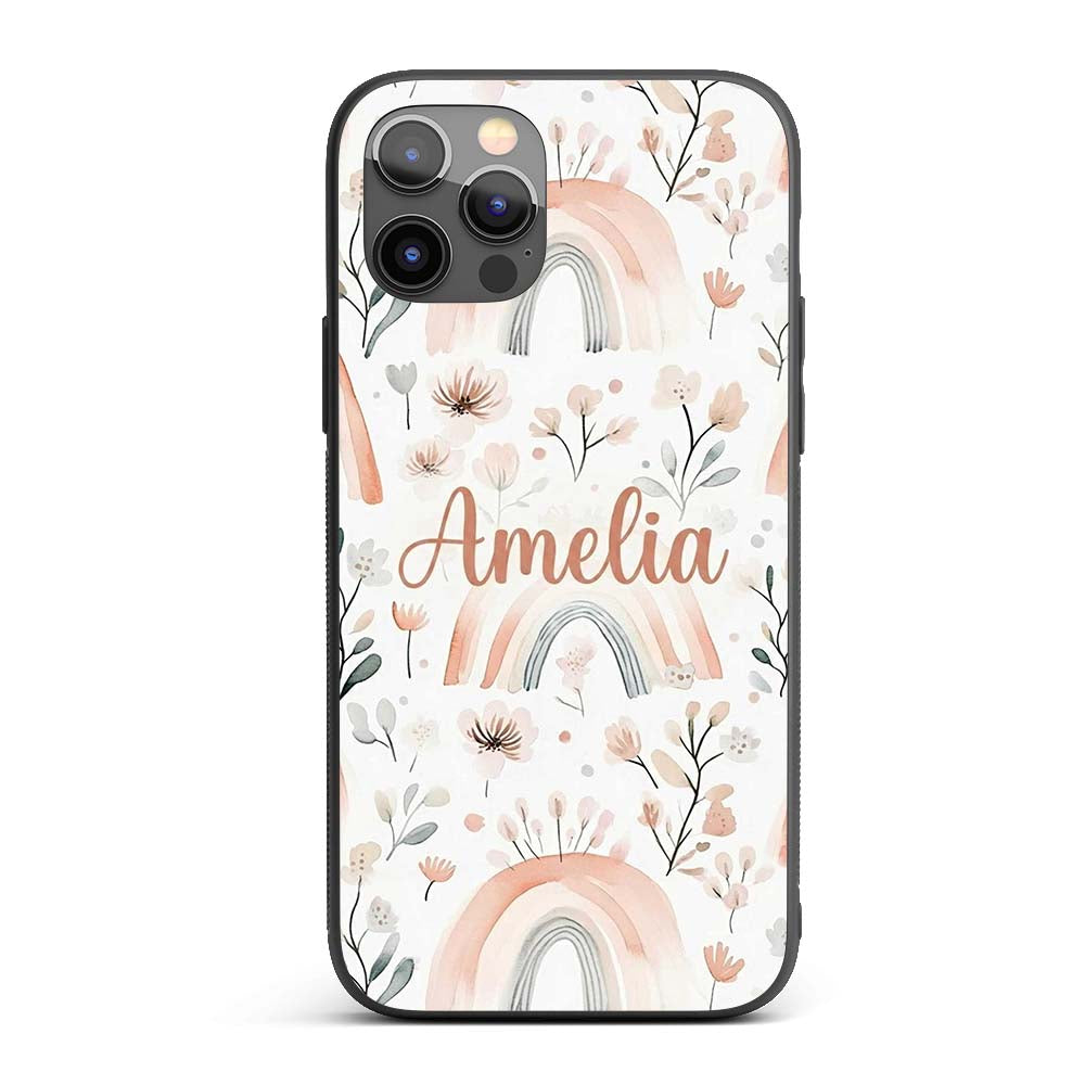 Boho Rainbow Flowers Seamless Printed Design Custom Name Protective Phone Case Mobile Cover Durable Everyday Smartphone Shock Resistant