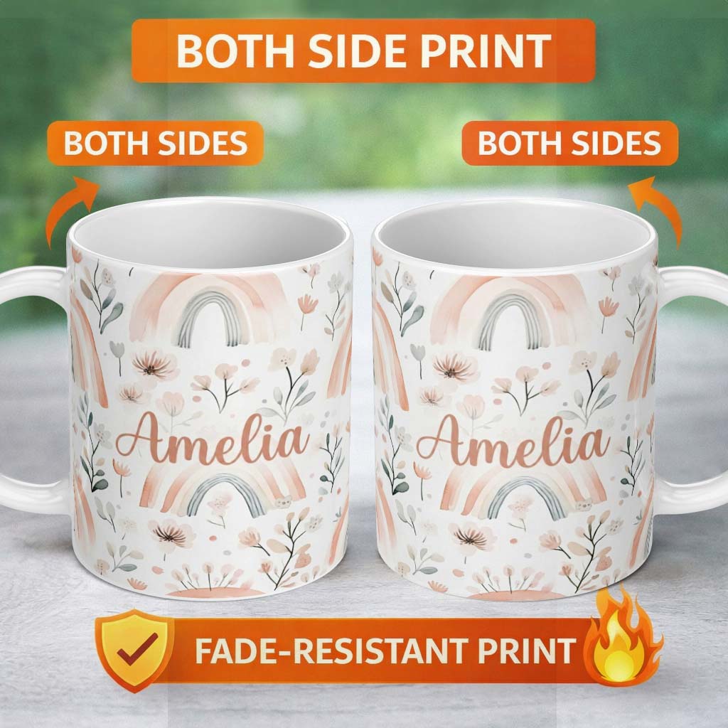 Personalized Custom Name Boho Rainbow Flowers Seamless Pattern Soft Neutral Pastel 11oz Ceramic Coffee Tea Mug White Large Handle