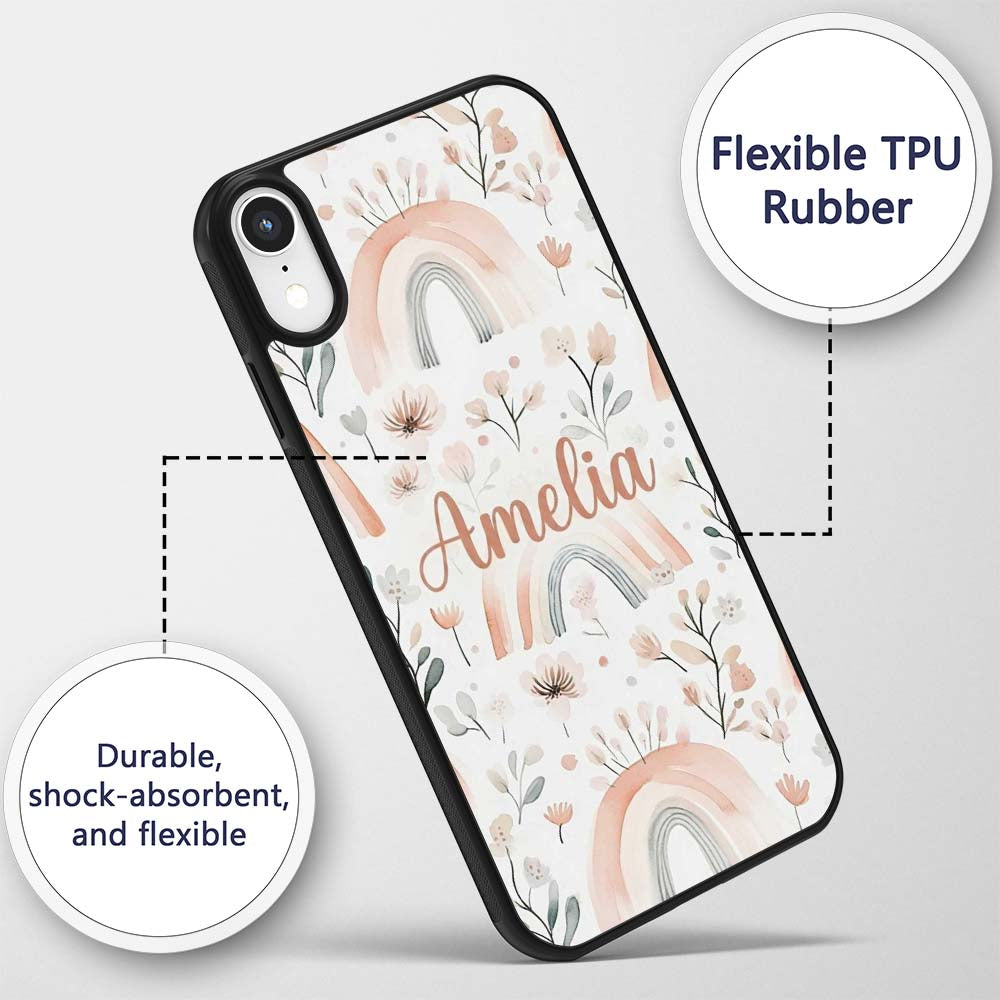 Boho Rainbow Flowers Seamless Printed Design Custom Name Protective Phone Case Mobile Cover Durable Everyday Smartphone Shock Resistant