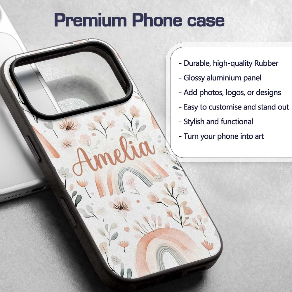 Boho Rainbow Flowers Seamless Printed Design Custom Name Protective Phone Case Mobile Cover Durable Everyday Smartphone Shock Resistant