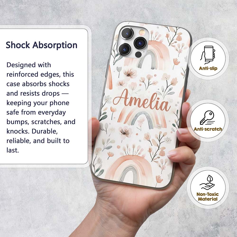 Boho Rainbow Flowers Seamless Printed Design Custom Name Protective Phone Case Mobile Cover Durable Everyday Smartphone Shock Resistant