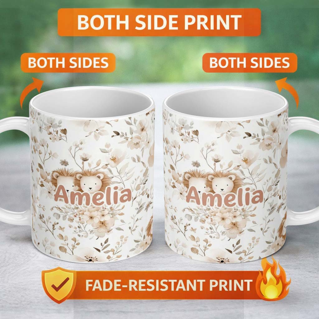 Personalized Custom Name Cute Lion Floral Leaves Seamless Pattern Soft Beige Background 11oz Ceramic Coffee Tea Mug White Large Handle