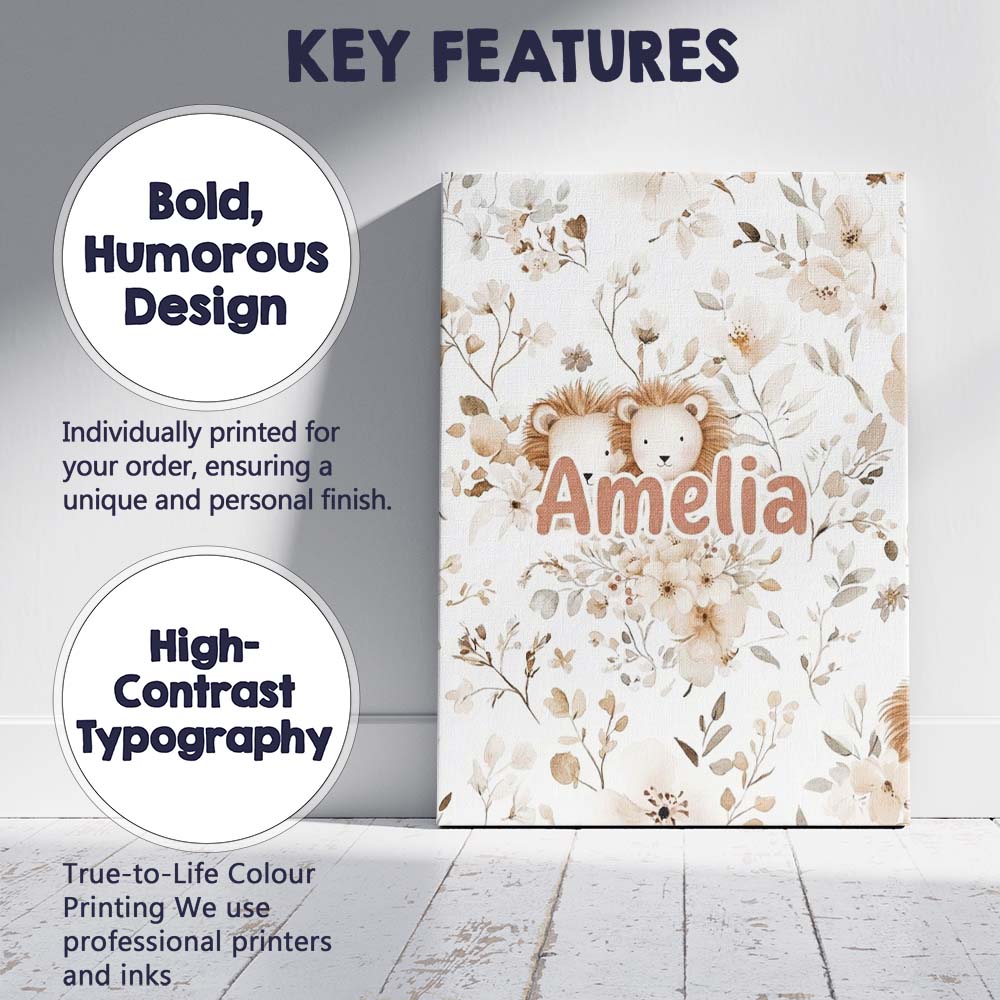 Personalised Name Cute Lion Floral Leaves Custom Unique Gift Idea Elegant Feature Canvas Wall Art Print Decor Picture Ready to Hang