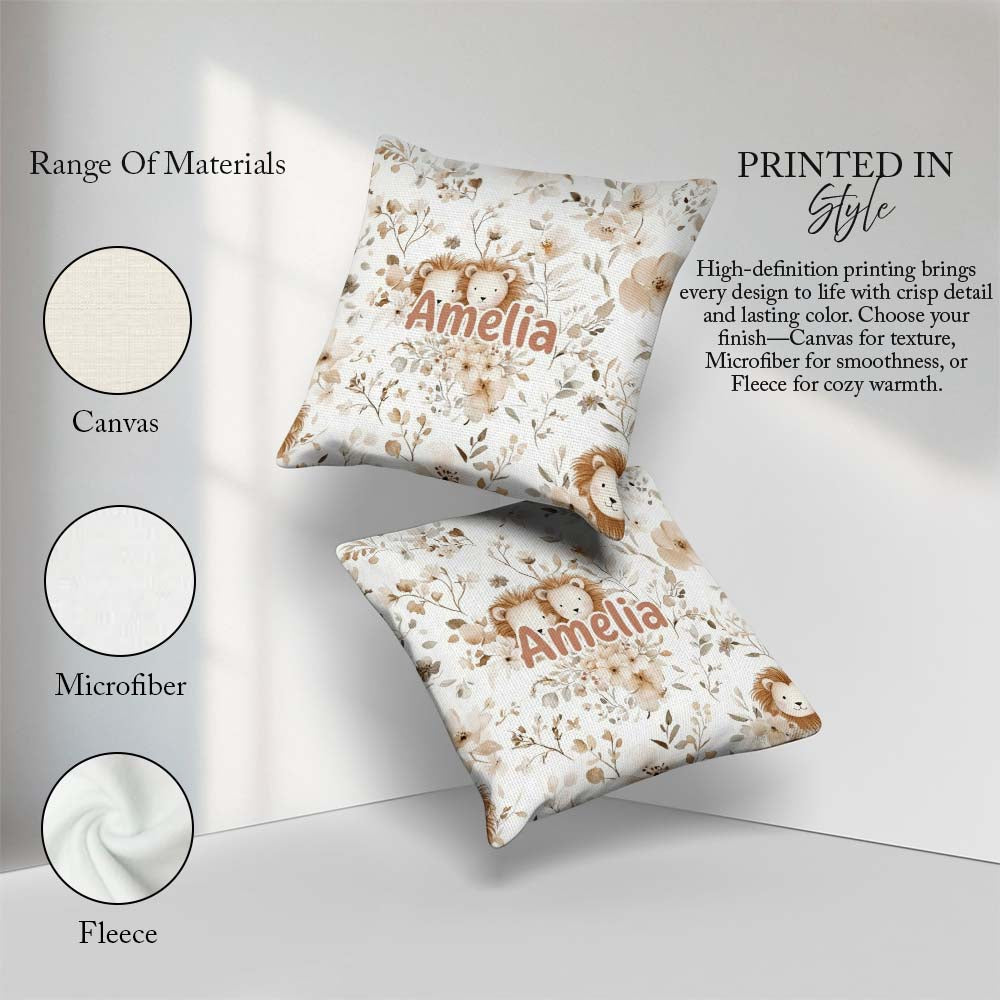 Custom Name Cute Lion Floral Leaves Seamless Pattern Soft Beige Square Filled Cushion Throw Pillow Sofa Bed Home Decor Zip Washable UK Made