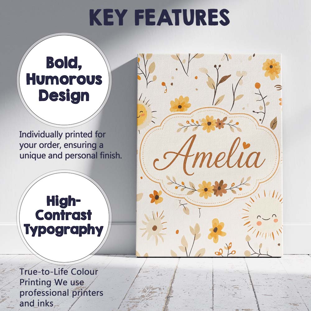 Personalised Name Cute Smiling Sun Floral Custom Unique Gift Idea Elegant Feature Canvas Wall Art Print Decor Picture Ready to Hang