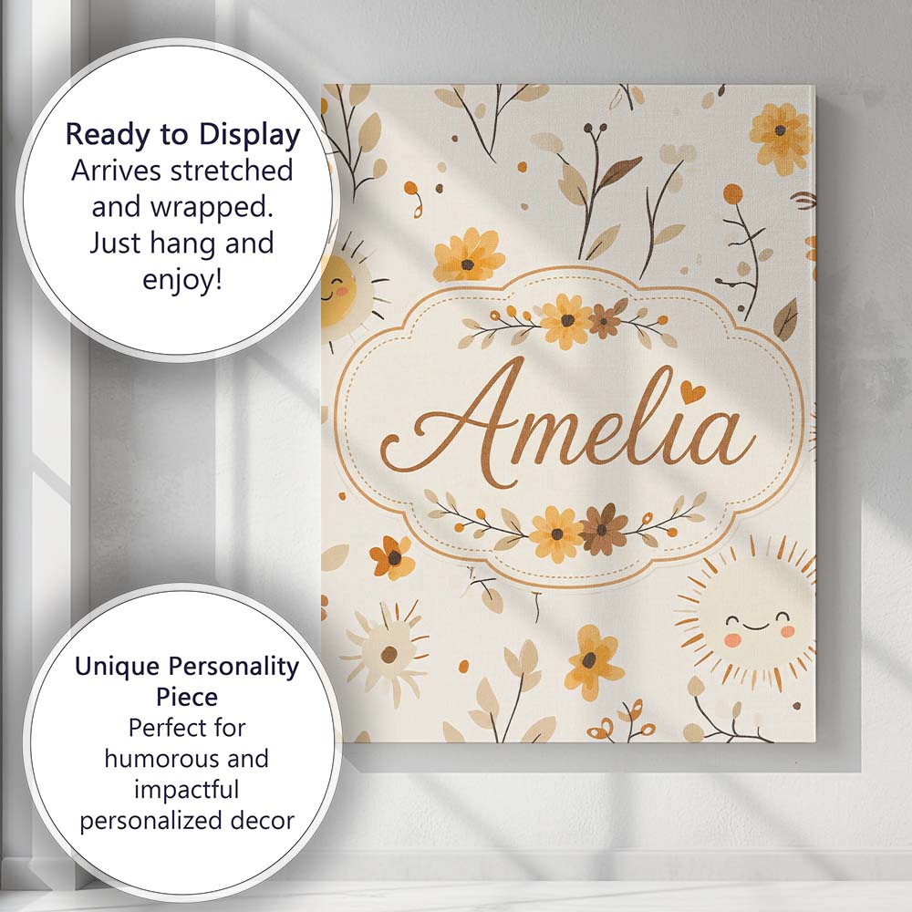 Personalised Name Cute Smiling Sun Floral Custom Unique Gift Idea Elegant Feature Canvas Wall Art Print Decor Picture Ready to Hang