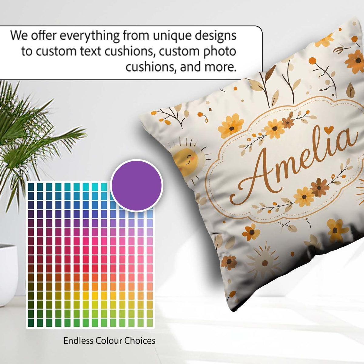 Custom Name Cute Smiling Sun Floral Leaves Seamless Pattern Warm Square Filled Cushion Throw Pillow Sofa Bed Home Decor Zip Washable UK Made