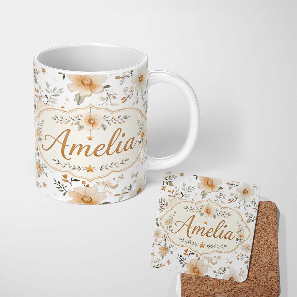 Personalized Custom Name Soft Beige Floral Stars Botanical Seamless Pattern Elegant Neutral 11oz Ceramic Coffee Tea Mug White Large Handle