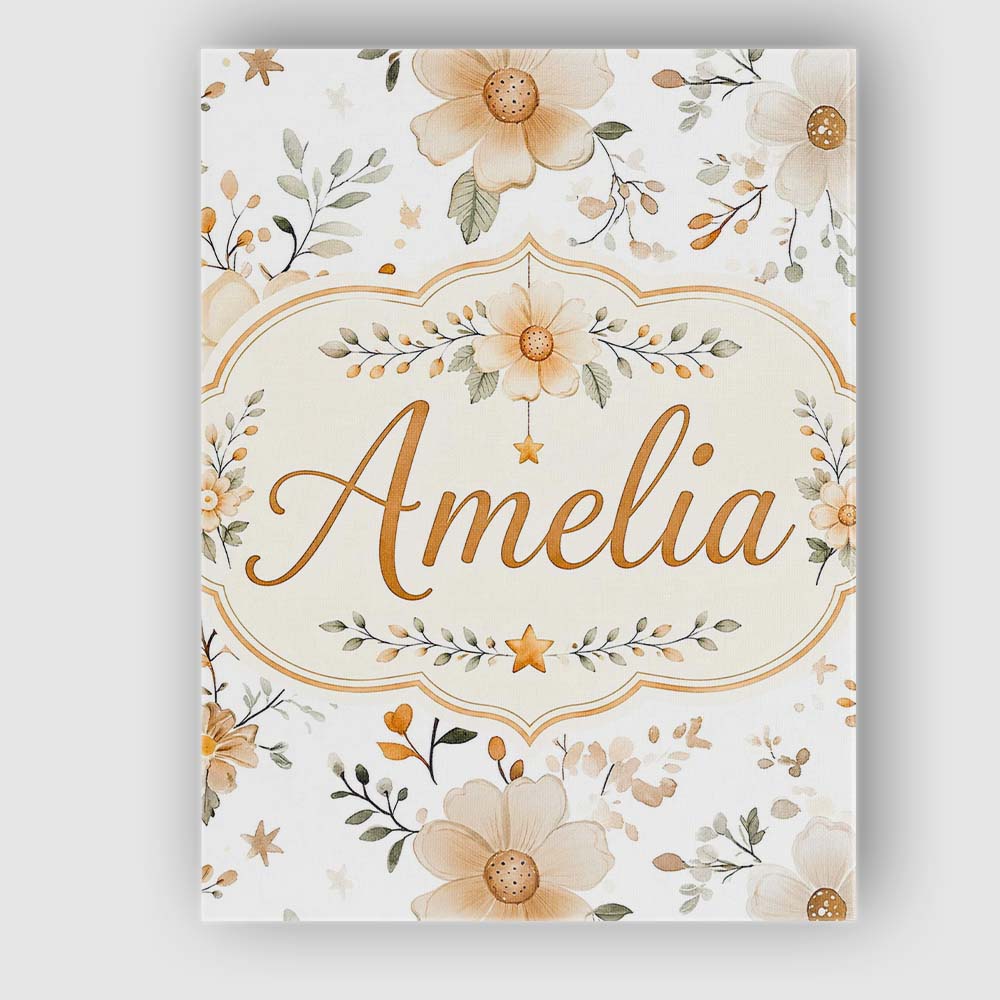 Personalised Name Soft Beige Floral Stars Custom Unique Gift Idea Elegant Feature Canvas Wall Art Print Decor Picture Ready to Hang