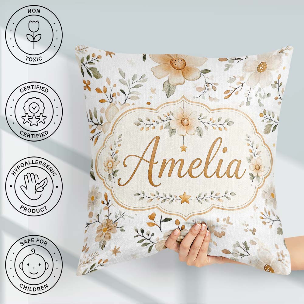 Custom Name Soft Beige Floral Botanical Seamless Pattern Elegant Square Filled Cushion Throw Pillow Sofa Bed Home Decor Zip Washable UK Made