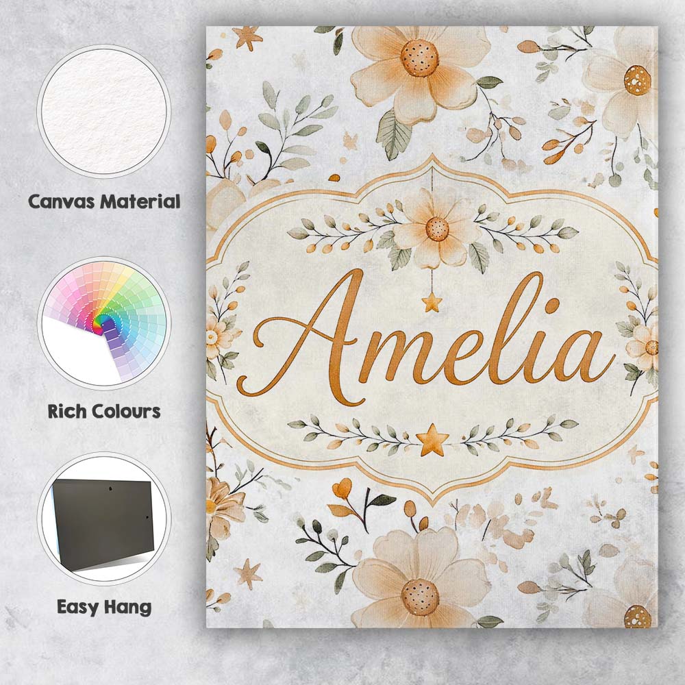 Personalised Name Soft Beige Floral Stars Custom Unique Gift Idea Elegant Feature Canvas Wall Art Print Decor Picture Ready to Hang