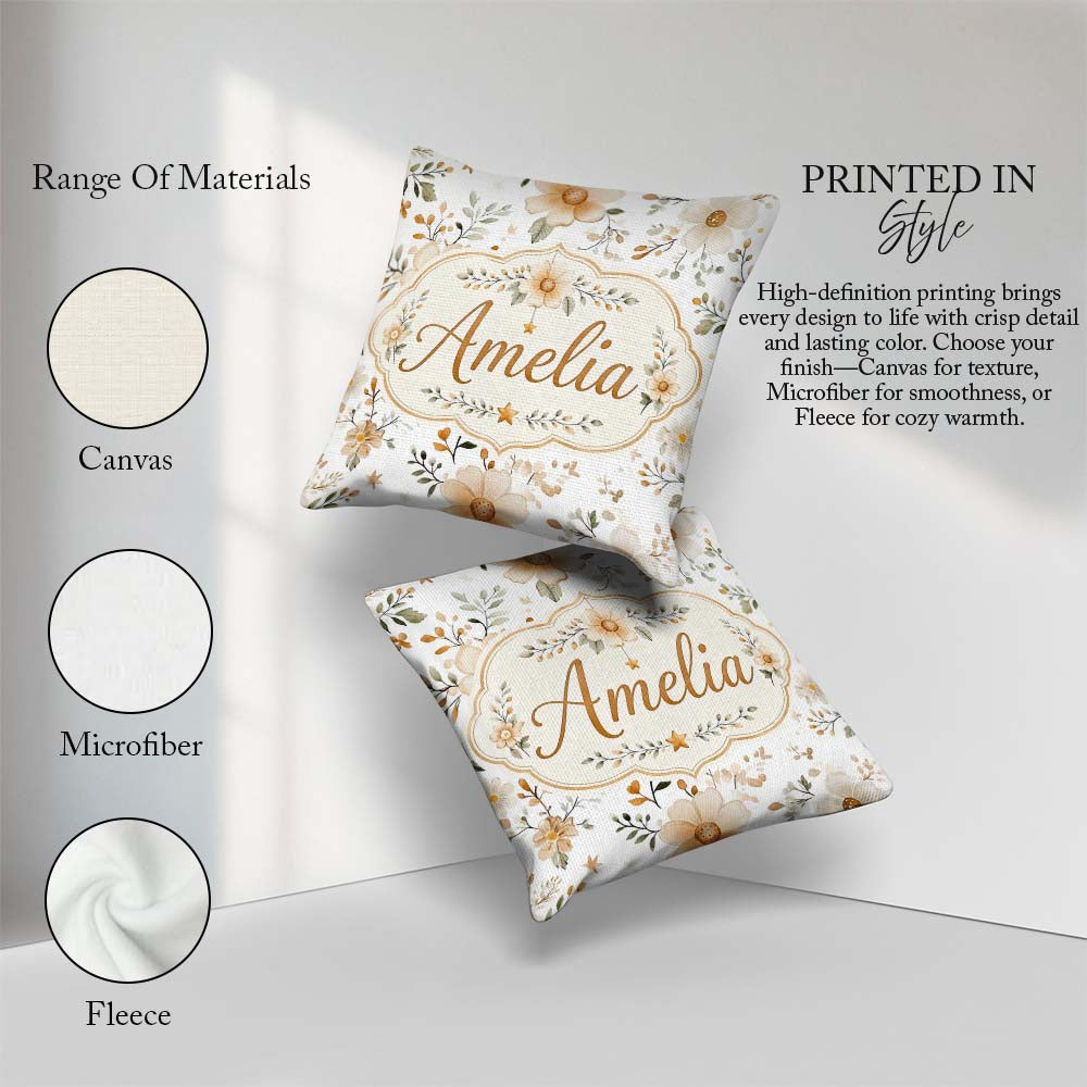 Custom Name Soft Beige Floral Botanical Seamless Pattern Elegant Square Filled Cushion Throw Pillow Sofa Bed Home Decor Zip Washable UK Made