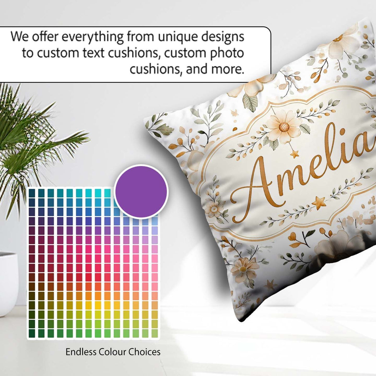Custom Name Soft Beige Floral Botanical Seamless Pattern Elegant Square Filled Cushion Throw Pillow Sofa Bed Home Decor Zip Washable UK Made