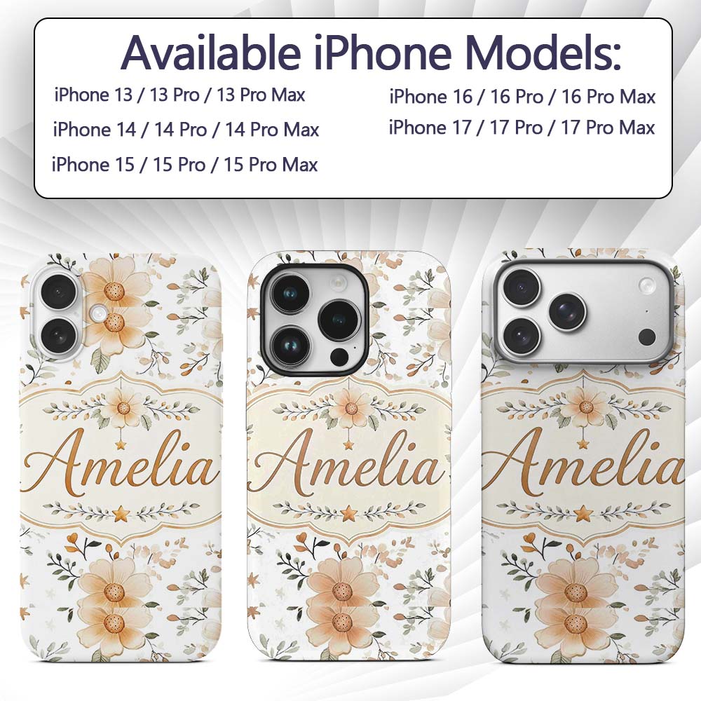 Soft Beige Floral Stars Botanical Printed Design Custom Name Protective Phone Case Mobile Cover Durable Everyday Smartphone Shock Resistant