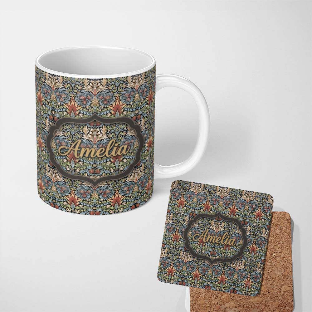 Personalized Custom Name Vintage Ornamental Floral Damask Seamless Pattern Classic 11oz Ceramic Coffee Tea Mug White Large Handle