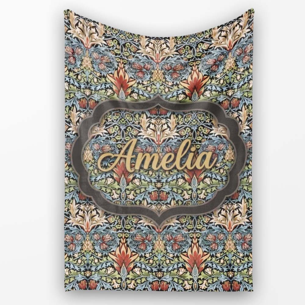 Vintage Ornamental Floral Damask Seamless Pattern Classic Personalised Custom Name Super Soft Fleece Blanket Bed Sofa Throw