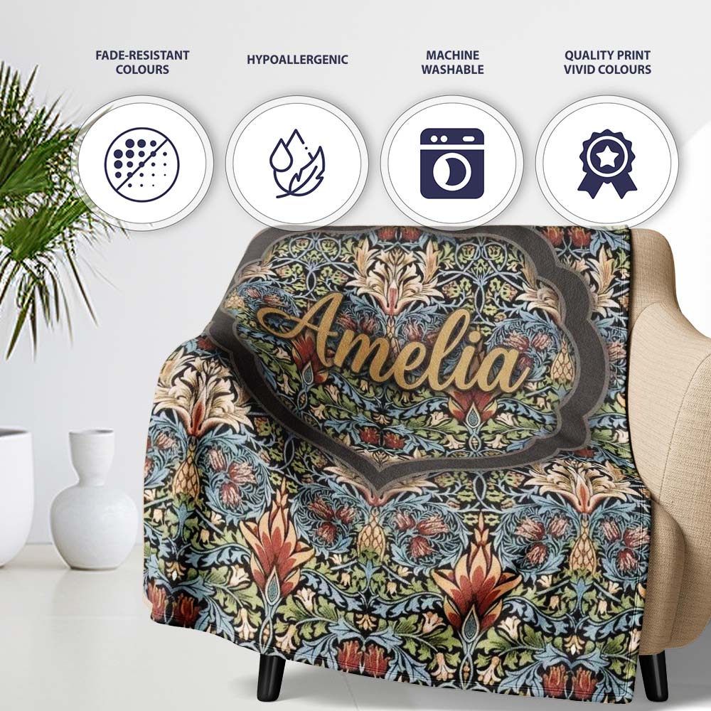 Vintage Ornamental Floral Damask Seamless Pattern Classic Personalised Custom Name Super Soft Fleece Blanket Bed Sofa Throw