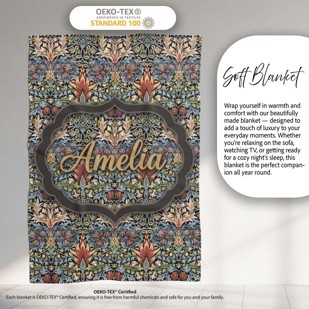 Vintage Ornamental Floral Damask Seamless Pattern Classic Personalised Custom Name Super Soft Fleece Blanket Bed Sofa Throw