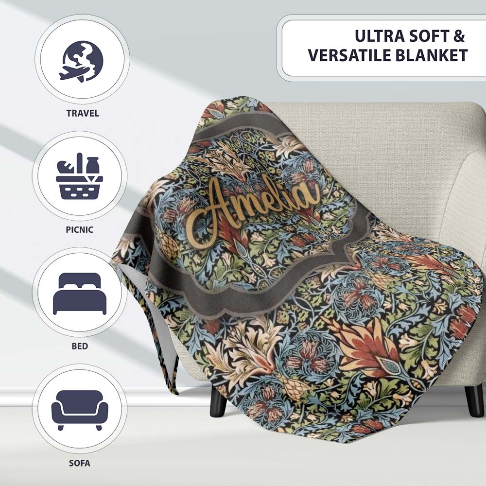 Vintage Ornamental Floral Damask Seamless Pattern Classic Personalised Custom Name Super Soft Fleece Blanket Bed Sofa Throw