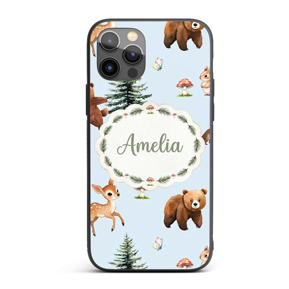 Cute Woodland Forest Animals Bear Bunny Deer on Custom Name Protective Phone Case Mobile Cover Durable Everyday Smartphone Shock Resistant