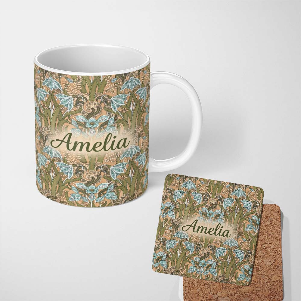 Personalized Custom Name William Morris Style Blue Floral Seamless Pattern Vintage Classic 11oz Ceramic Coffee Tea Mug White Large Handle