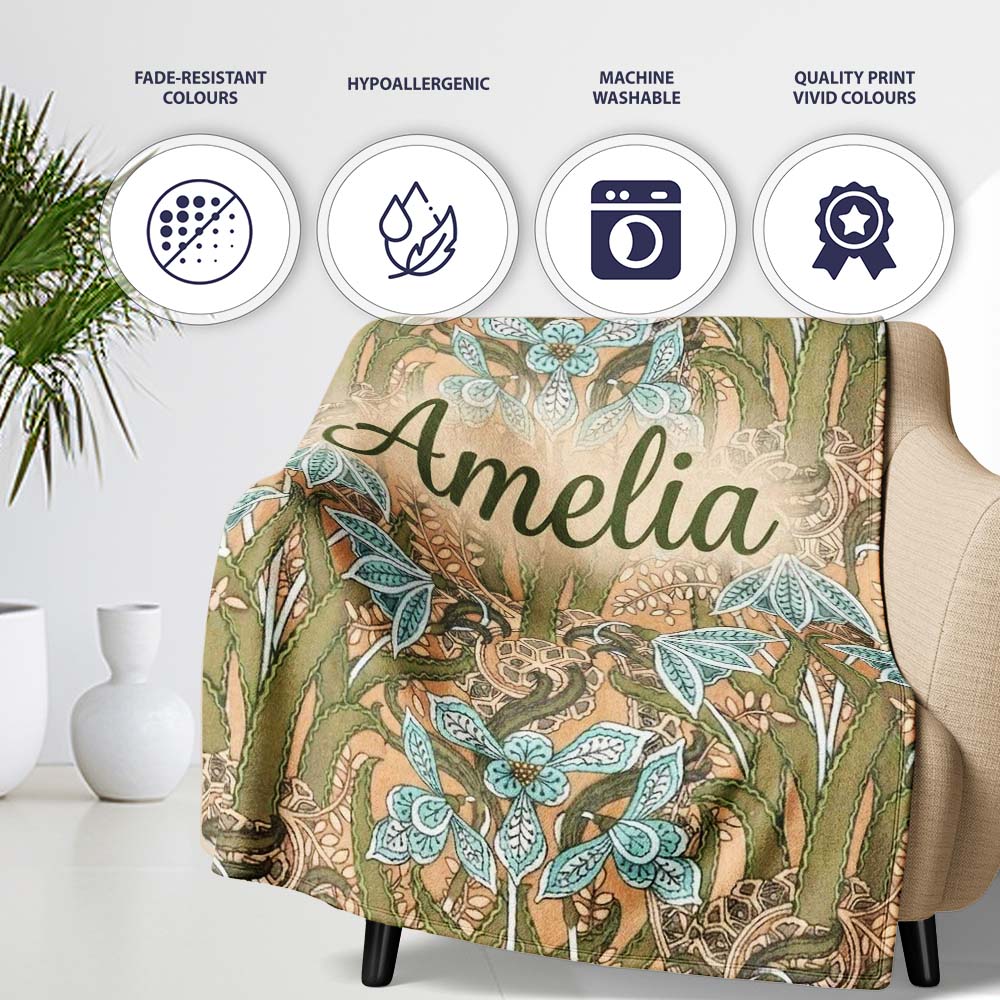 William Morris Style Blue Floral Seamless Pattern Vintage Classic Personalised Custom Name Super Soft Fleece Blanket Bed Sofa Throw