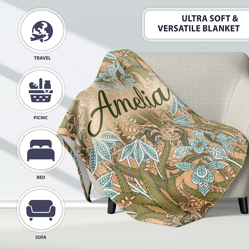 William Morris Style Blue Floral Seamless Pattern Vintage Classic Personalised Custom Name Super Soft Fleece Blanket Bed Sofa Throw