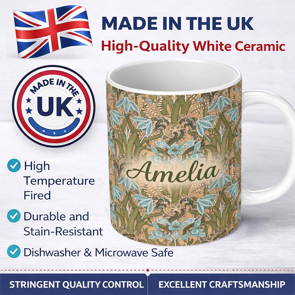 Personalized Custom Name William Morris Style Blue Floral Seamless Pattern Vintage Classic 11oz Ceramic Coffee Tea Mug White Large Handle